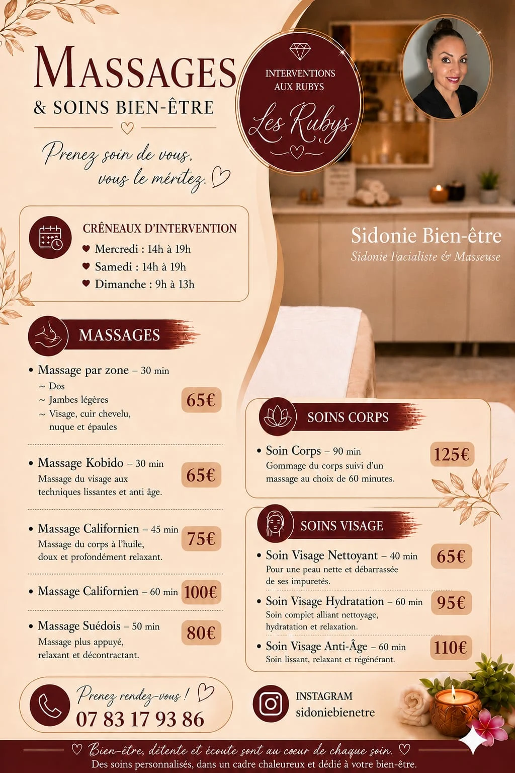Carte des massages Sidonie Bien-être aux Rubys